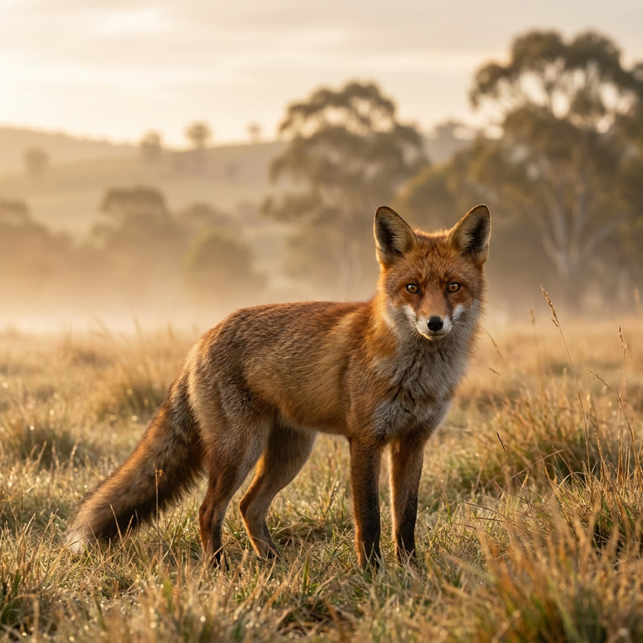 Red fox standing alert in open NSW grazing country at dawn