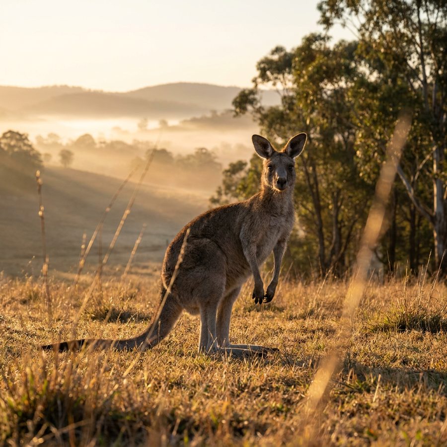 Eastern grey kangaroo standing alert in an NSW grazing paddock at dawn