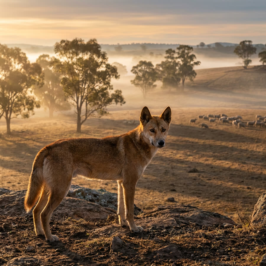 Wild dog overlooking a sheep paddock from rocky high ground